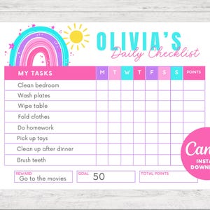 Chore Chart, Printable Editable Chore Chart, Kids Chore Responsibility Chart, Instant Download, Kids Routine Chart, Digital Download,Rainbow