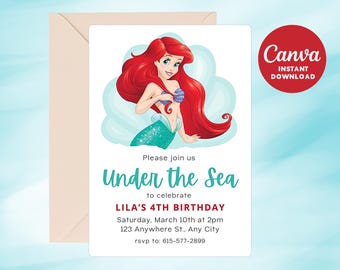Ariel Birthday Invitation: Little Mermaid Party, Editable Template (Digital)