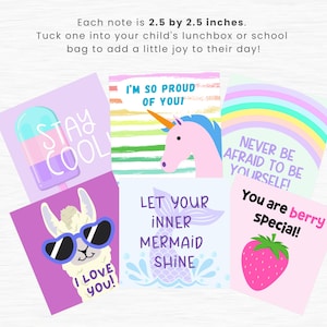 May include: Set of eight 2.5 by 2.5 inch motivational cards with colorful illustrations and positive messages. The cards feature a llama, a unicorn, a mermaid, a strawberry, a popsicle, and a rainbow. The messages include "Stay Cool", "I'm So Proud of You", "Let Your Inner Mermaid Shine", "Never Be Afraid to Be Yourself", "You Are Berry Special", and "I Love You".
