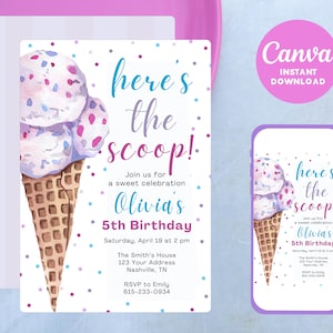 Editable Ice Cream Birthday Invitation Template Girls Birthday Party Here&#39;s the Scoop Cone Pink Mint Purple Printable Download Canva 5x7