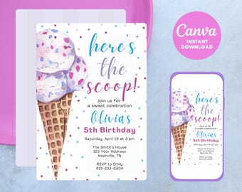 Ice Cream Birthday Invitation Template: Editable Canva Party (Digital Download)