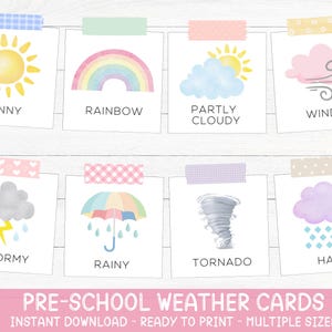 15 carte meteo, schede didattiche Montessori, carte prescolari, carte educative stampabili arcobaleno, download immediato