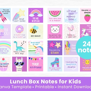 Notas para la lonchera de niños, notas para la lonchera de niñas, afirmaciones positivas, notas de aliento para niños, descarga instantánea, notas para el almuerzo de los niños