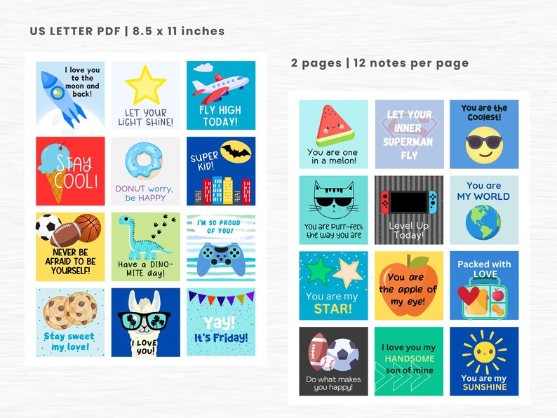 Peut inclure: Une feuille de notes imprimables color&eacute;es avec divers motifs et messages positifs. Les notes pr&eacute;sentent des illustrations d'une fus&eacute;e, d'une &eacute;toile, d'un avion, d'une glace, d'un beignet, d'un dinosaure, etc. Chaque note a une phrase encourageante unique.