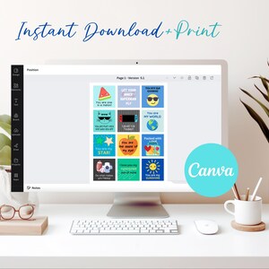 Peut inclure: Un &eacute;cran d'ordinateur affiche une impression num&eacute;rique avec des graphiques et du texte color&eacute;s, dont "Instant Download + Print" et "Canva". L'impression pr&eacute;sente diverses images avec des phrases comme "You are my STAR!" et "You are my sunshine."
