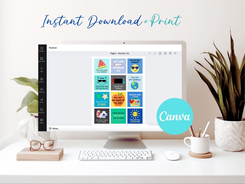 Peut inclure: Un &eacute;cran d'ordinateur affiche une impression num&eacute;rique avec des graphiques et du texte color&eacute;s, dont "Instant Download + Print" et "Canva". L'impression pr&eacute;sente diverses images avec des phrases comme "You are my STAR!" et "You are my sunshine."