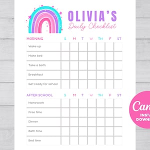 Chore Chart, Printable Editable Chore Chart, Kids Chore Responsibility Chart, Instant Download, Kids Routine Chart, Digital Download,Rainbow