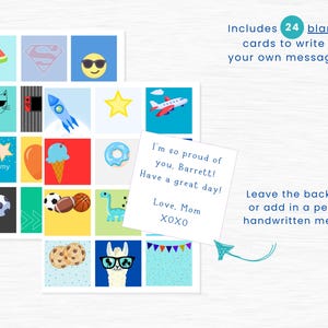 Peut inclure: Ensemble de cartes color&eacute;es avec diverses illustrations, dont une past&egrave;que, un symbole de super-h&eacute;ros et un visage souriant. Les cartes incluent le texte "You are my" et une note manuscrite qui dit "I'm so proud of you, Barrett! Have a great day! Love, Mom XOXO."
