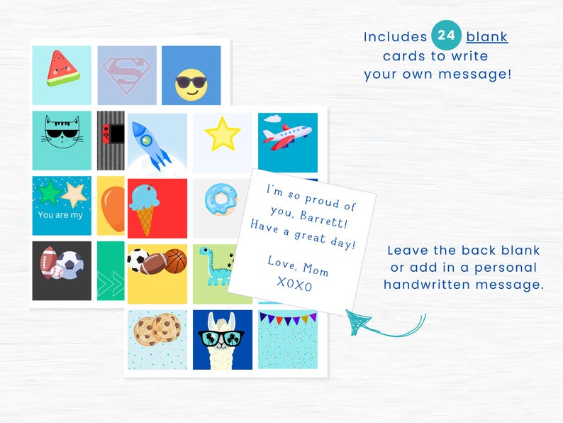 Peut inclure: Ensemble de cartes color&eacute;es avec diverses illustrations, dont une past&egrave;que, un symbole de super-h&eacute;ros et un visage souriant. Les cartes incluent le texte "You are my" et une note manuscrite qui dit "I'm so proud of you, Barrett! Have a great day! Love, Mom XOXO."