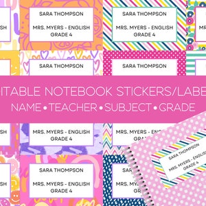 Bewerkbare schoollabels, doe-het-zelf notitieboekjelabels, meisjeslabel, notitieboekjelabels, sticker naamlabel notitieblok, bewerkbare sjabloon Canva, notitieboek voor kinderen