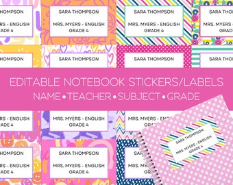 Editable School Labels, DIY Notebook Labels, Girl Label, Notebook Labels, Notebook Name Label Sticker, Canva Editable Template,Kids Notebook