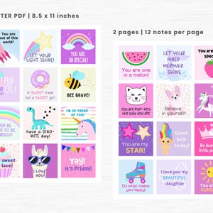 May include: A printable sheet of 24 motivational notes for kids. The notes feature colorful illustrations of a unicorn, a mermaid, a dinosaur, a bee, a rocket, a watermelon, a cupcake, a llama, a troll, a roller skate, a star, a sun, a crown, a rainbow, and a popsicle. The notes include positive messages like "You are out of this world!" and "You are my sunshine!"