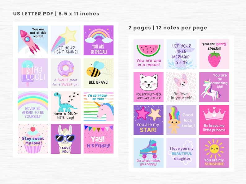 May include: A printable sheet of 24 motivational notes for kids. The notes feature colorful illustrations of a unicorn, a mermaid, a dinosaur, a bee, a rocket, a watermelon, a cupcake, a llama, a troll, a roller skate, a star, a sun, a crown, a rainbow, and a popsicle. The notes include positive messages like "You are out of this world!" and "You are my sunshine!"