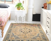 4.6 x 6.2 Mocha and Caramel with Blues Iconic Northwest Antique Rug Dia