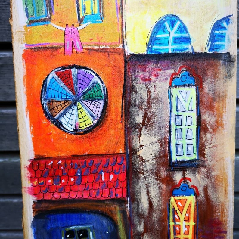 Malen auf Holz Buchenbrett 80x18 cm. Häuser. Abstrakt. Kunst | Etsy