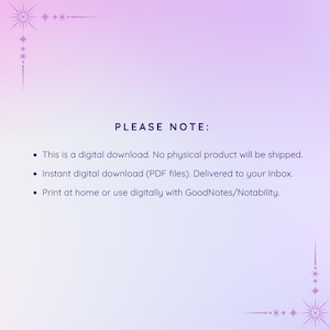 May include: A digital download announcement on a gradient purple background. The text "PLEASE NOTE:" is followed by bullet points explaining the digital nature of the product, including PDF files and digital use with GoodNotes/Notability.