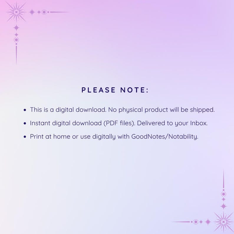 May include: A digital download announcement on a gradient purple background. The text "PLEASE NOTE:" is followed by bullet points explaining the digital nature of the product, including PDF files and digital use with GoodNotes/Notability.