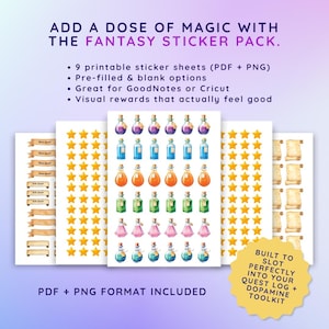 May include: Fantasy sticker pack with printable sheets. The image shows sticker sheets with potion bottles, stars, and scrolls. The text reads "Add a dose of magic with the fantasy sticker pack." Includes PDF and PNG formats.