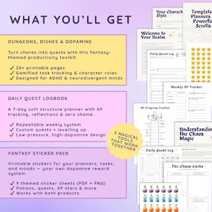 May include: A fantasy-themed productivity toolkit with printable pages, gamified task tracking, and character roles. Includes a daily quest logbook and a fantasy sticker pack with themed stickers for planners and tasks. The image also includes the text "What You'll Get".