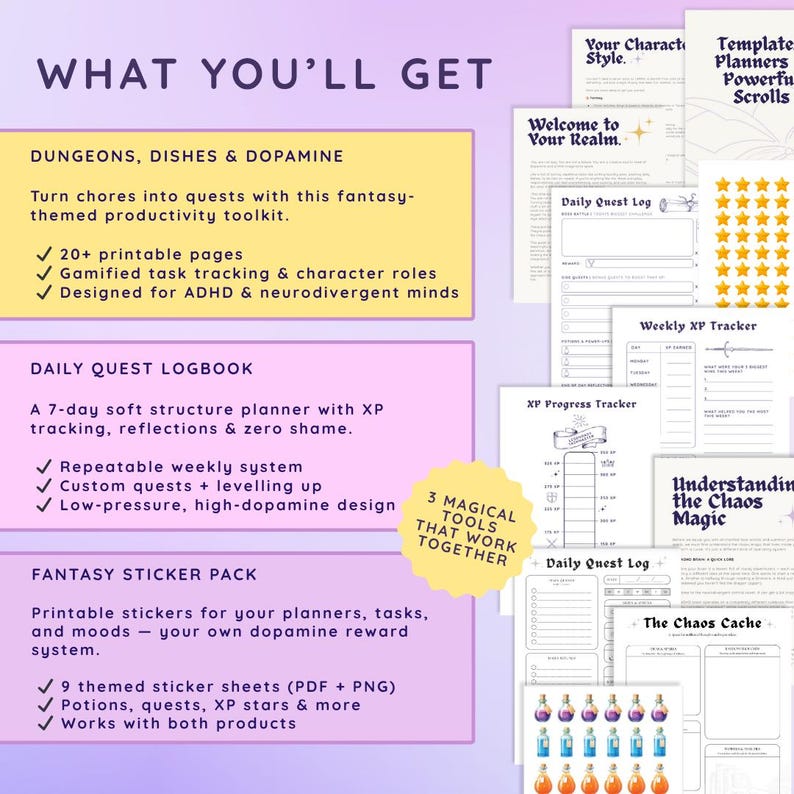 May include: A fantasy-themed productivity toolkit with printable pages, gamified task tracking, and character roles. Includes a daily quest logbook and a fantasy sticker pack with themed stickers for planners and tasks. The image also includes the text "What You'll Get".