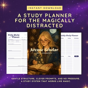 Op de afbeelding: Een digitale studieplanner met een paarse achtergrond. De planner bevat een dagelijkse en wekelijkse lay-out, met de tekst "A Study Planner for the Magically Distracted". De afbeelding toont een illustratie van een vrouw met een bril en de tekst "Arcane Scholar study companion."