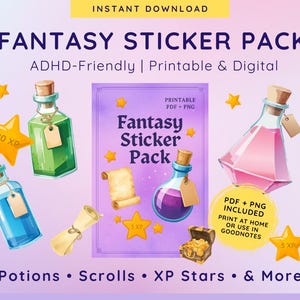 Puede incluir: Un paquete de pegatinas digitales de fantasía con pociones, pergaminos y estrellas XP. El paquete incluye archivos PDF y PNG imprimibles, perfecto para la planificación digital amigable con el TDAH. La imagen presenta botellas coloridas, pergaminos y un cofre del tesoro.