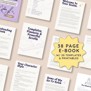 May include: A 38-page e-book with 20 templates and printables. The cover features a yellow starburst with the text "38 Page E-Book" and "W/ 20 Templates & Printables". The e-book is about productivity for neurodivergent daydreamers and includes sections on understanding chaos magic, templates, planners, powerful scrolls, your character style, and some go-to roles.
