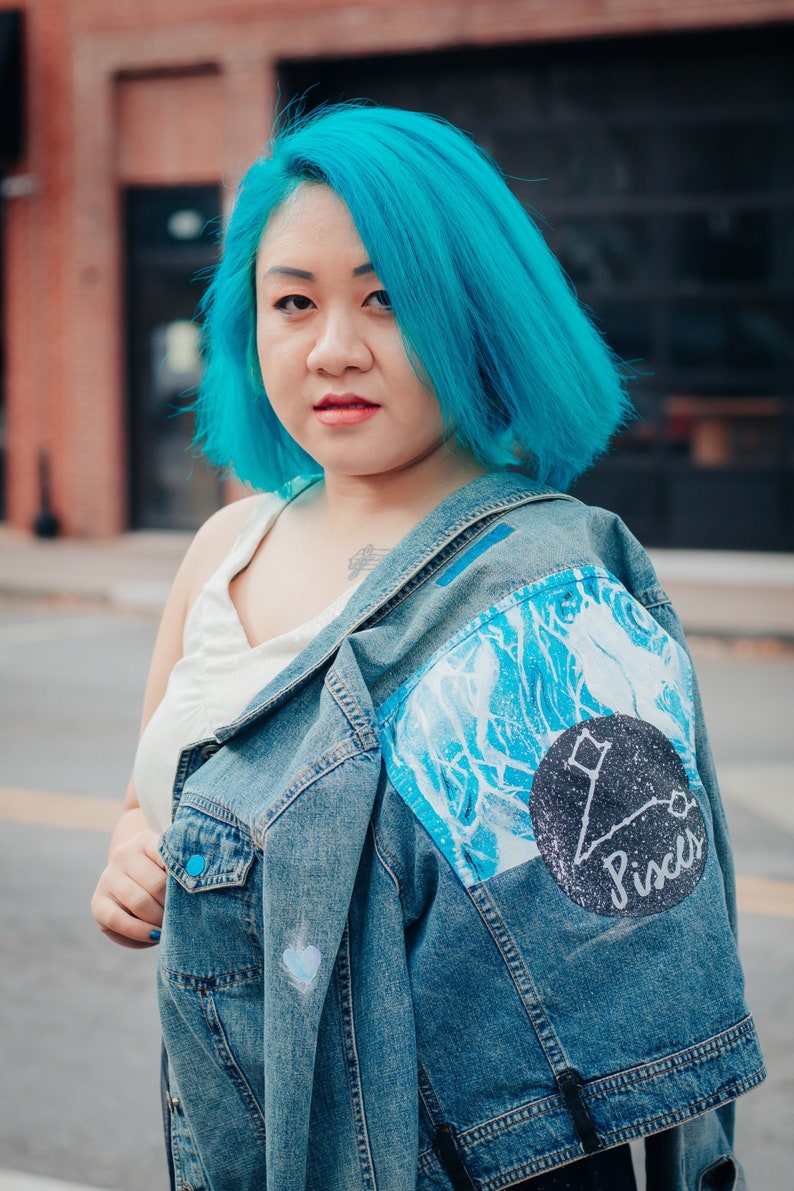 Vintage Hand-Painted Pisces Denim Jacket image 9