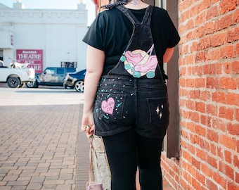 Hand Painted Roller Skate Shortall Overalls Vintage Black Denim