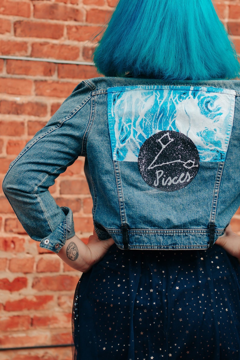 Vintage Hand-Painted Pisces Denim Jacket image 1