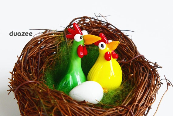 1.25-1.5"Tall Handmade Lampwork Glass Chicken Sculptures, Miniature Chickens, Chicken Figurine, murano glass minis, Rooster Figure
