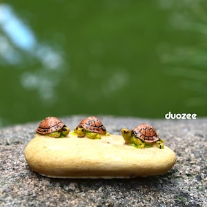 Miniature Enchanted Fairy Garden House Turtle Figurine, Three Turtles on Rock, Turtle Figure, Terrarium