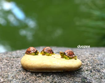 Miniature Enchanted Fairy Garden House Turtle Figurine, Three Turtles on Rock, Turtle Figure, Terrarium