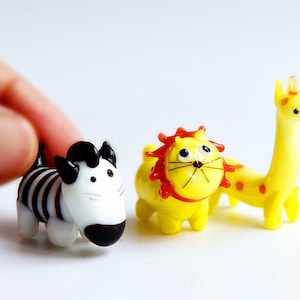 Handmade Lampwork Glass Micro Miniature Safari Animal Figurines, Miniature Zebra, Miniature Lion, Miniature Giraffe