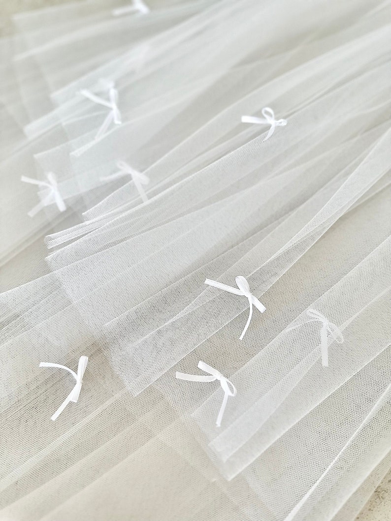 K&ouml;nnte beinhalten: Ein transparenter wei&szlig;er T&uuml;llstoff mit mehreren kleinen, zarten wei&szlig;en Schleifen, die in Abst&auml;nden auf der Oberfl&auml;che befestigt sind. Das Material ist geschichtet und durchscheinend, was ein weiches, strukturiertes Aussehen mit sich wiederholenden Schleifendetails erzeugt.
