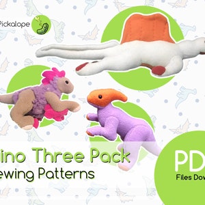 Three Simple Dinosaurs - Spinosaurus, Raptor, and Parasaur - Plush Sewing Patterns PDF File Download - 3 pack