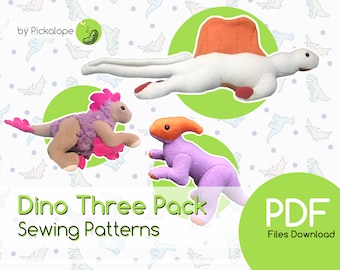 Patrones de costura de peluches de dinosaurios: Spinosaurus, Raptor, Parasaurio (Descarga de archivos PDF)