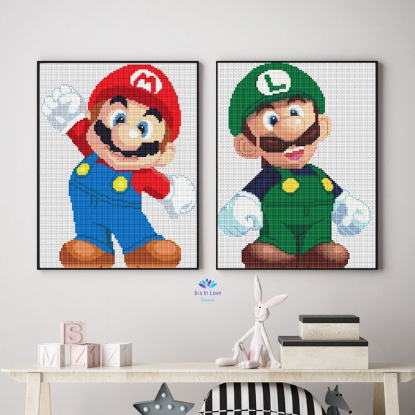 SUPER MARIO and Super Luigi Cross Stitch Pattern PDF Set of 2, Cute Embroidery Wall Decor, Mario bros Luigi Plumber, Counted Cross Stitch