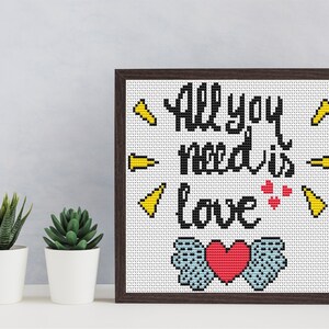 All You Need Is LOVE Cross Stitch Pattern PDF, Modern Embroidery Chart, Quotes Heart Love Wings Counted Cross Stitch Chart Instant Download
