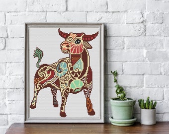 ZODIAQUE TAUREAU, motif point de croix PDF, décoration de broderie art moderne, horoscope astrologie animaux compté tableau point de croix, téléchargement immédiat