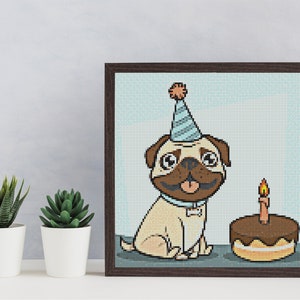 HAPPY PUG Cross Stitch Pattern PDF, Birthday Party Cake Dog Counted Cross Stitch Chart, Cute Embroidery Nursery Wall Decor, Instant Download