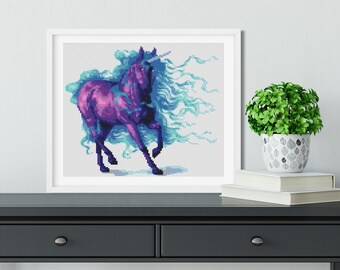Schema punto croce UNICORNO PDF, grazioso decoro da parete per cameretta dei bambini, cavallo misterioso, animale di mais, pegas, fata, schema punto croce contato, download immediato