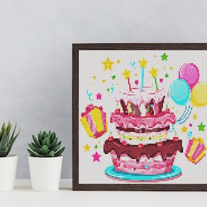 BIRTHDAY CAKE Cross Stitch Pattern PDF, Party Gifts Balloons Counted Cross Stitch Chart, Embroidery Chart Cute Wall Decor, Instant Download