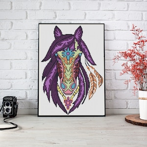 MANDALA PFERD Kreuzstichmuster PDF, bunte Stickvorlage Wand-Dekor, moderne Tier gezählt Kreuzstichvorlage, sofortiger Download