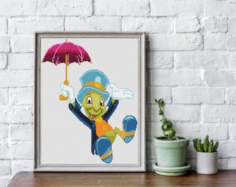 Patrón de punto de cruz de Pepito Grillo (PDF), adorable decoración de pared bordada para habitación infantil, gráfico de punto de cruz contado de Pinocho, descarga instantánea