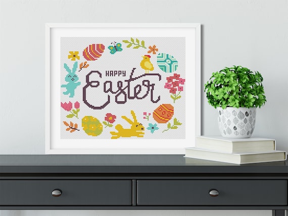 HAPPY EASTER Cross Stitch Pattern PDF Cute Nursery Embroidery Easter Rabbit Egg Flower Butterfly Counted Cross Stitch Chart Instant Download