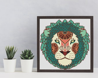Lejonet zodiaken korsstygnsmönster PDF, modern broderi väggdekor, horoskop astrologi djur räknat korsstygnsdiagram, omedelbar nedladdning
