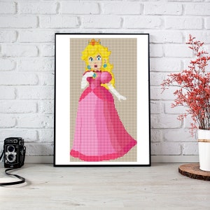 PRINSES PERZIK Cross Stitch patroon PDF, schattig borduurdecor, Super Mario Luigi Yoshi Girl geteld Cross Stitch Chart, Instant Download