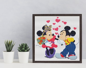 MICKEY In LOVE Cross Stitch patroon PDF, Minnie Mickey Love geteld Cross Stitch Chart, borduurwerk kinderkamer wanddecoratie, Instant Download