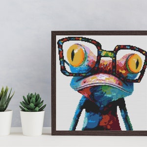 FROG ART Cross Stitch Pattern PDF, Modern Embroidery Wall Decor, Painting Animal Crazy Frog Counted Cross Stitch Pattern, Instant Download